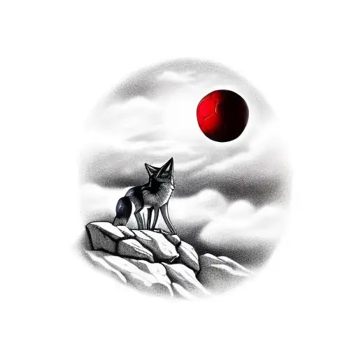 A Red Wolf On A Cliff Howling At A Black And White Soccer Ball In The Sky