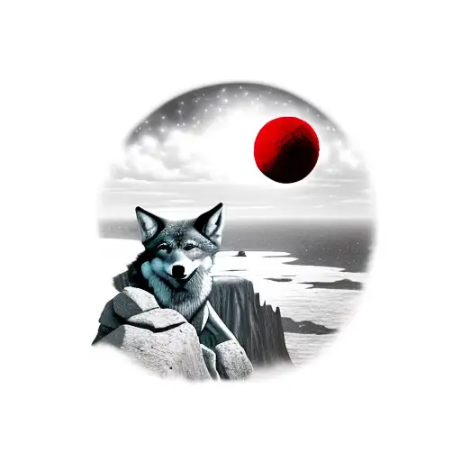 A Red Wolf On A Cliff Howling At A Black And White Soccer Ball In The Sky