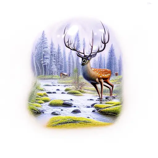 Forest With Deer And A Trout Jumping Out Of A River