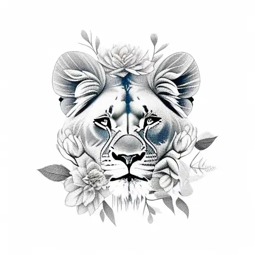 Lioness Portrait Surrounded By Various Flowers And Leaf Branches