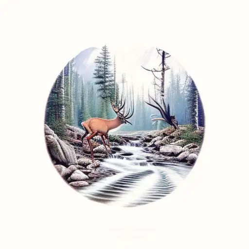 Forest With Deer And A Trout Jumping Out Of A River