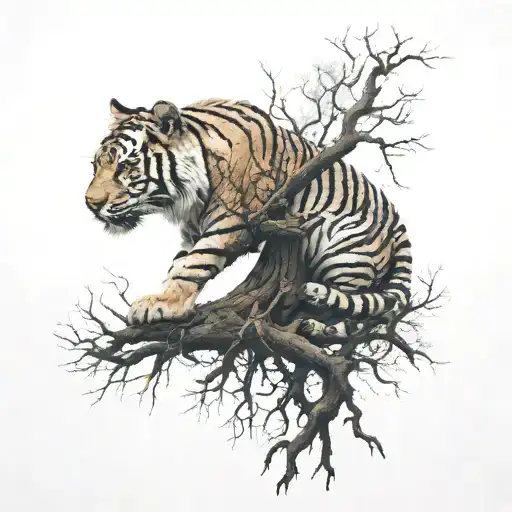 Yggdrasil And Vegvisir Symbol And A Tiger Sitting In A Tree With Only The Head And Paws Visible