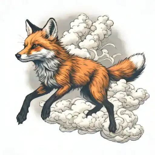 Beatiful Red Fox Running In The Sky Amoung Clouds