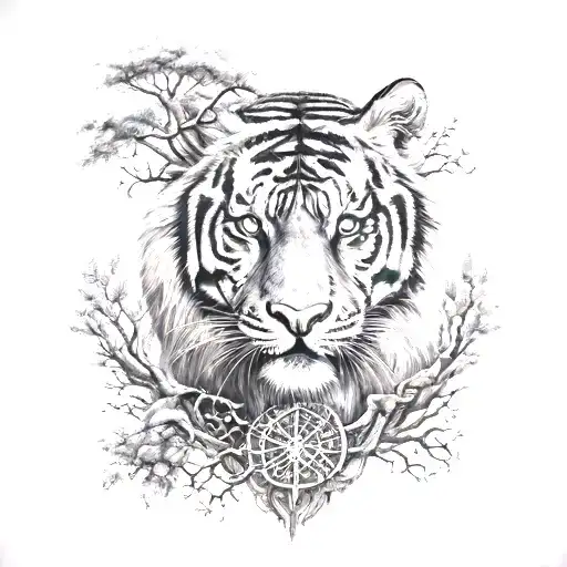 Tiger Head And Yggdrasil Tree And Vegvisir Symbol