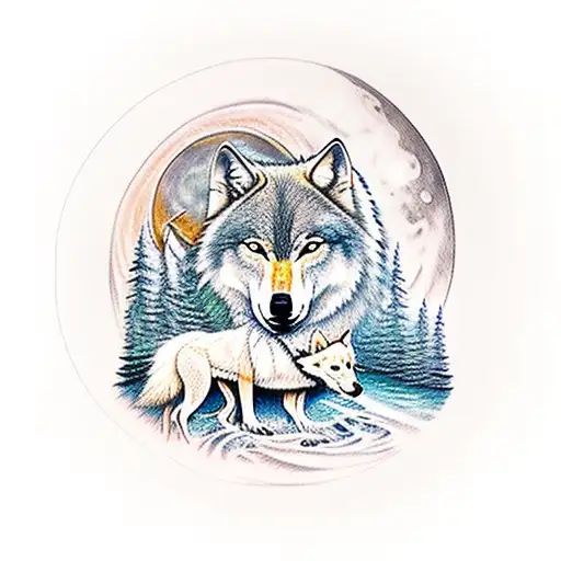 Mother Wolf With 5 Pups With Water Fall Trees And River And Moon In Background