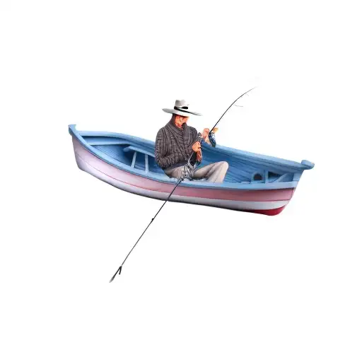 A Man Fishing In A Boat And A Seagull Over Him