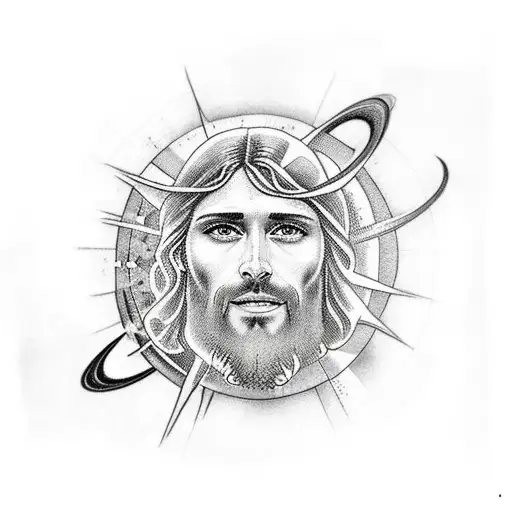 A Realistic Portrait Of Jesus Surrounded By Stars And Planets