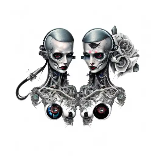 Goth Cyborg Gemini Sisters Conjoined Facing Each Other