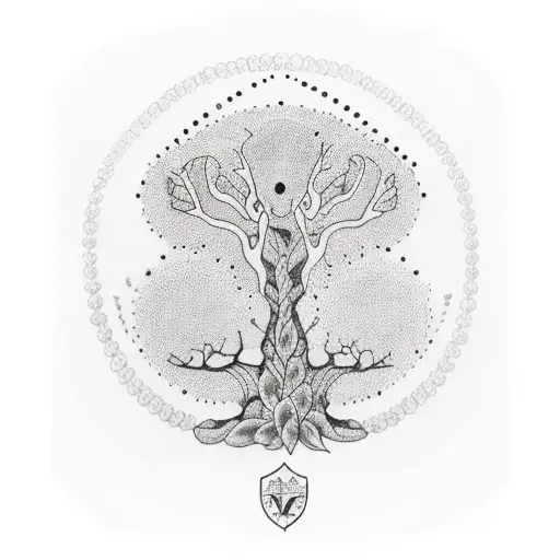 A Dotwork Tattoo Of A Family Tree With Each Branch Representing A Family Member
