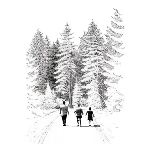 Man And Two Children Walking On A Forest Path