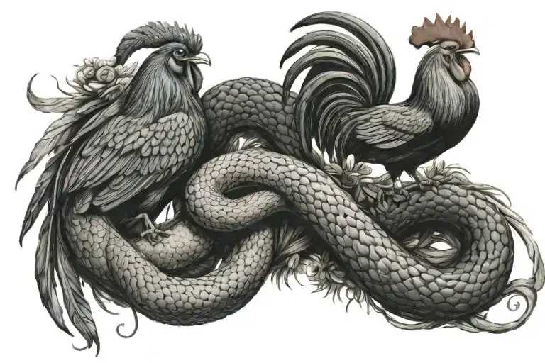 Snake And Rooster Entwined Together