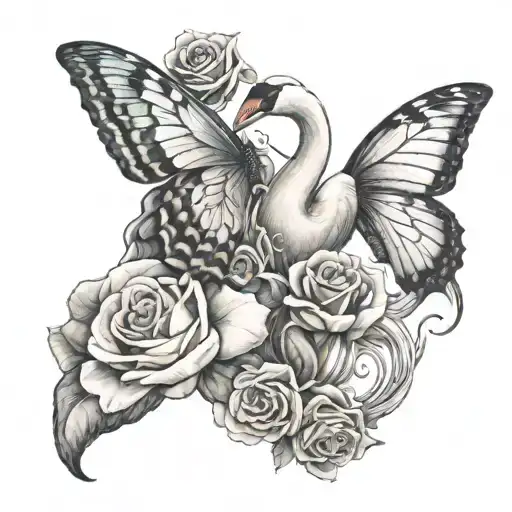 2 Swans Butterfly And Rose Intertwined Representing The Client's