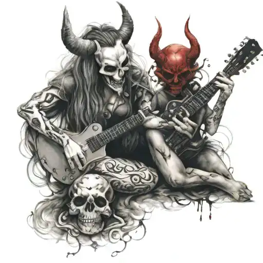 Woman Devil Playing Guitar To A Child With Skull Face
