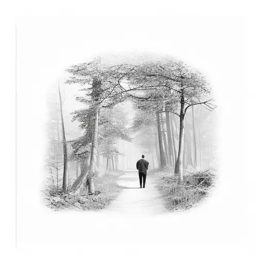 Father And Two Sons Walking On A Forest Path