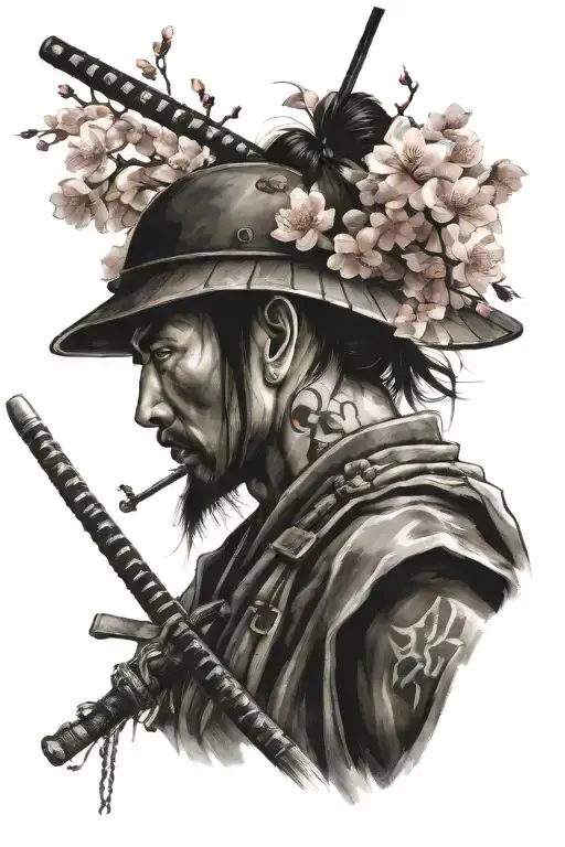 Student Of War In Writing With Samurai And Cherry Blossom Tree Over Him