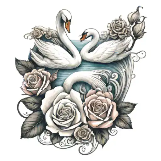 2 Swans And Rose Intertwined Symbolizing Marraige