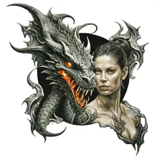 A Girl In The Skin Of A Dragon Burning In A Fire