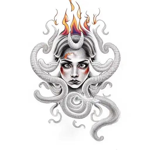 Curly Aries Horned Woman With Fire In Her Hands