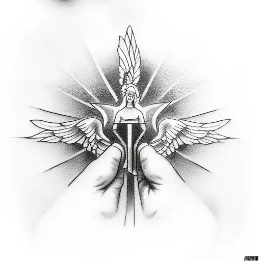 Tattoo For Hand Of A Angel In Black And White Except For Her Blue Eyes
