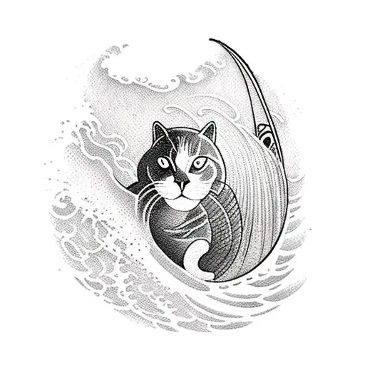 A Blackwork Tattoo Of A Surfing Cat Riding A Wave