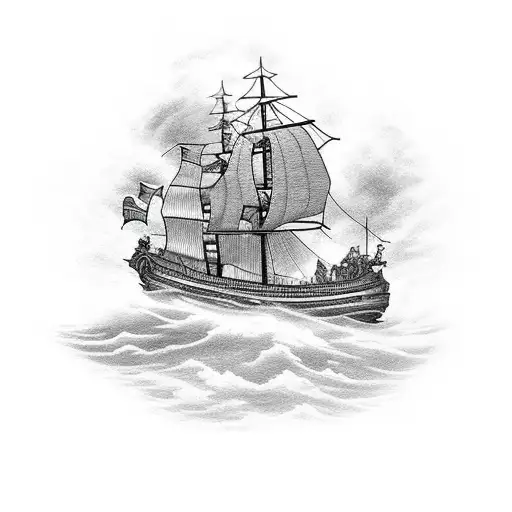 A Pirate Ship Navigating Through Treacherous Waters With Thunderclouds Overhead