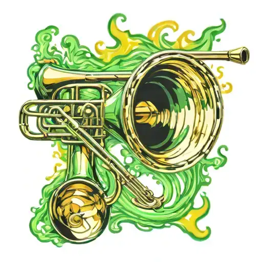 Gold Trombone With Green Fire Around It