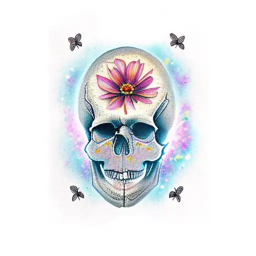 Skull With Cosmos And Butterflies