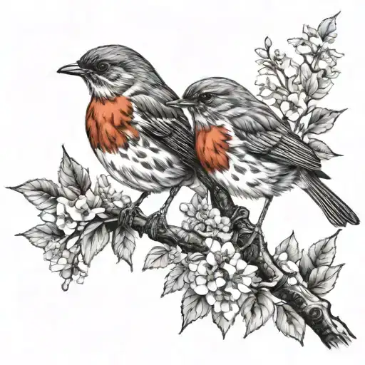 Two Robins On A Branch Surrounded By Nature Scene