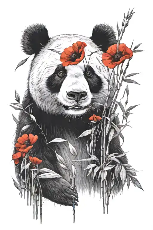 Realistic Upper Body Fading Panda With Red Poppy Black And White Bamboo Forest Background