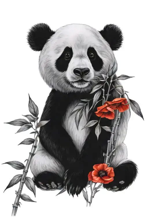 Realistic Upper Body Fading Panda With Red Poppy Black And White Bamboo Forest Background