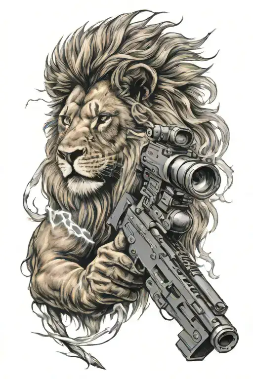 Lion With Lightning Bolts And An M4 Rifle