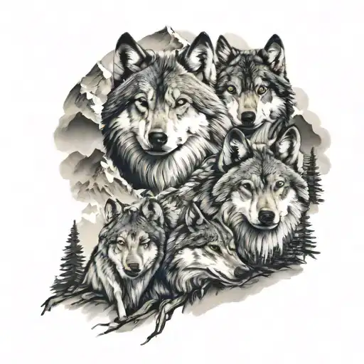 Family Wolves Mountain Landscape Tattoo Featuring