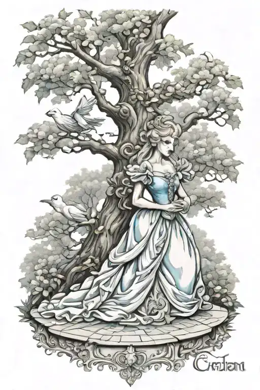 Brother's Grimm Cinderella At Tree Getting Adorned In Gown By Doves