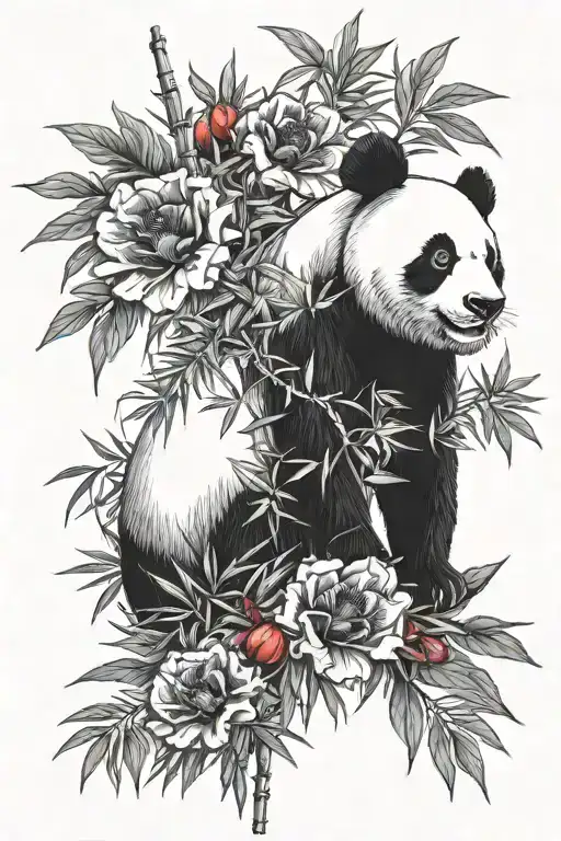 Realistic Upper Body Fading Panda With Red Poppy Black And White Bamboo Forest Background