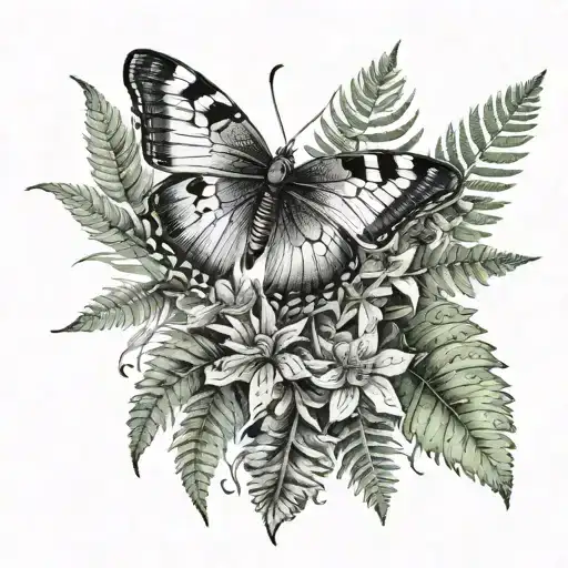 Butterfly And Dragonfly And Fern Plant