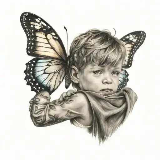 Little Boy In The Arms Of A Butterfly Wings