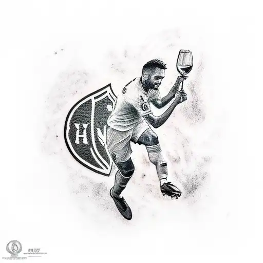 A Realistic Tattoo Of A Soccer Player Celebrating With A Glass Of Red Wine