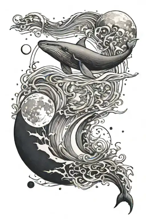 Moon In Center With Waves And Quarter-notes Around It And A Whale Around