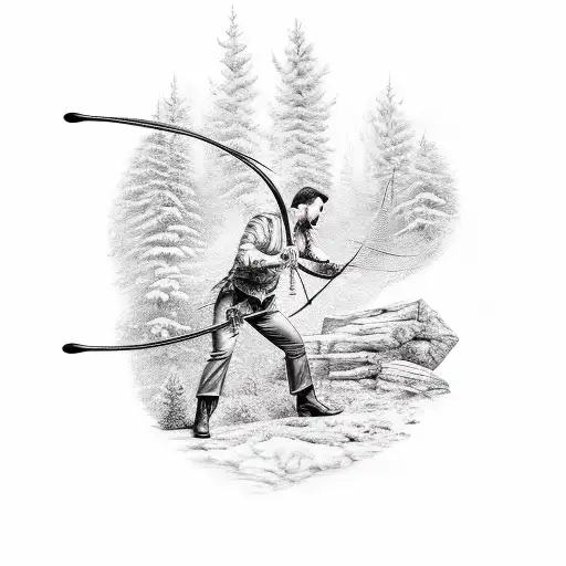 A Hunter Aiming A Bow At A Target With A Backdrop Of A Forest