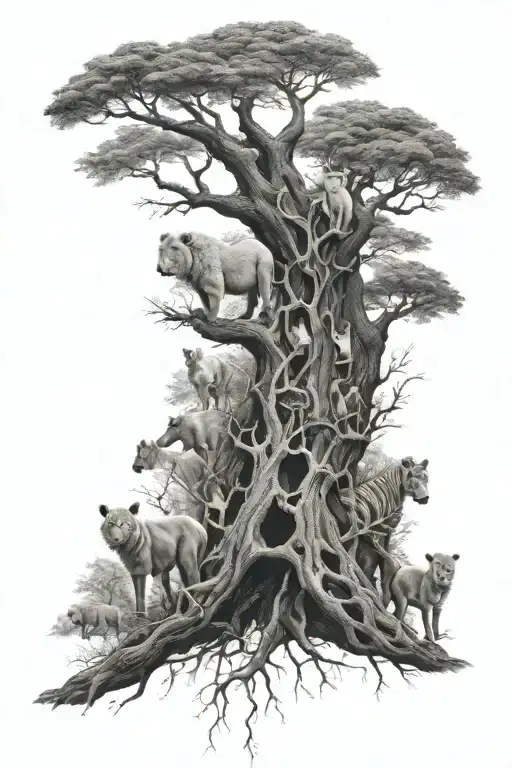 Family Tree With Animals Hidden Within The Branches Realism Black And White