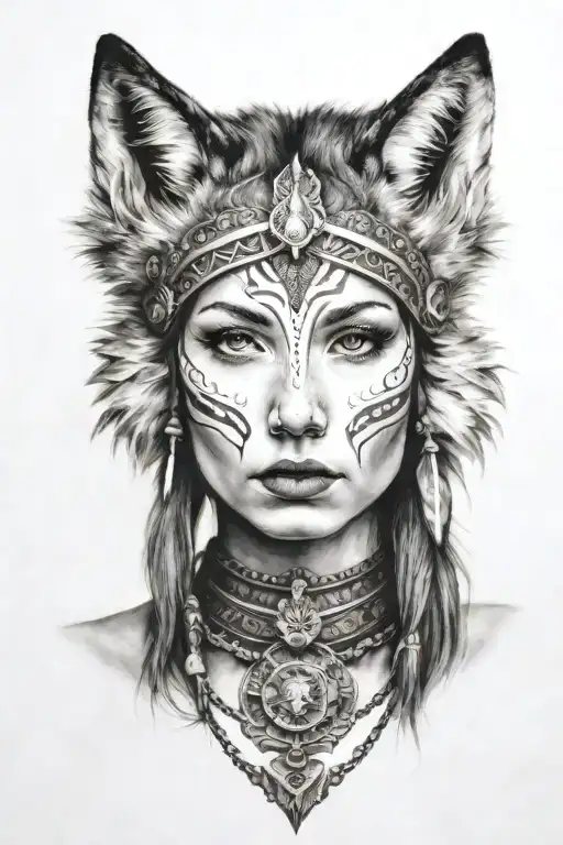 Front View Of Woman's Face Wearing A Wolf Headress