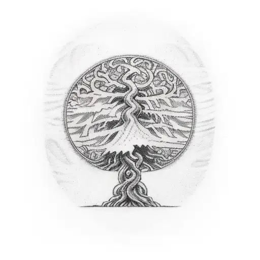 A Majestic Tree With Norse Symbols Carved Into Its Trunk