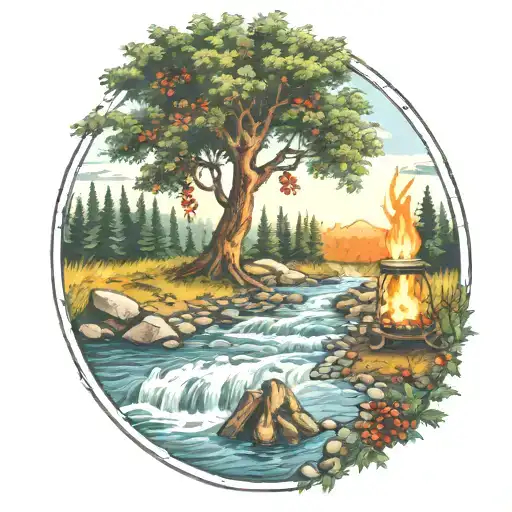 A Rowan Berry Tree And A Campfire Beside A River Waterfalling Down The Front