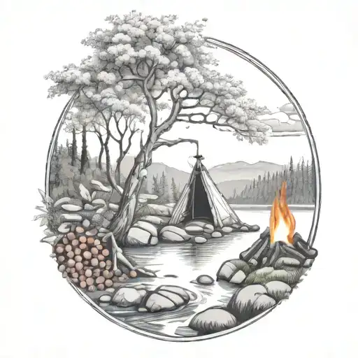 A Rowan Berry Tree And A Campfire Beside A River Waterfalling Down The Front