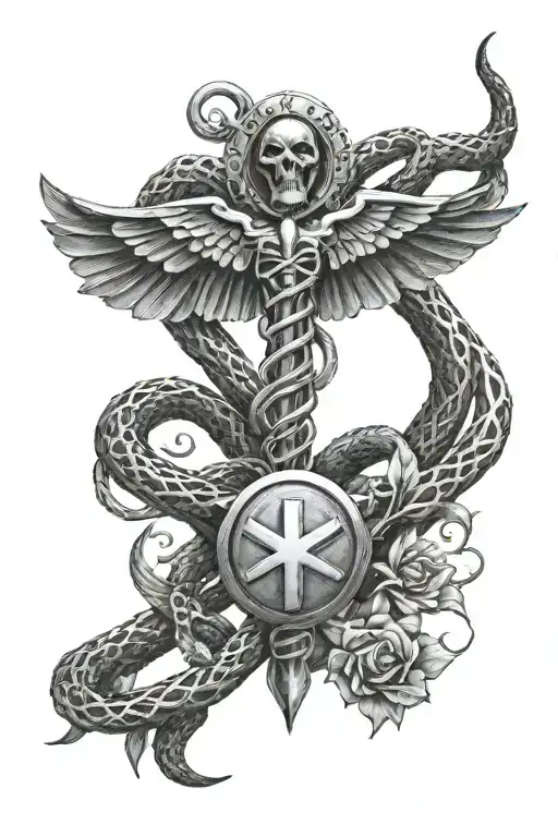 Dark Gothic Nurses Caduceus Snakes Staff Symbol Tattoo Design