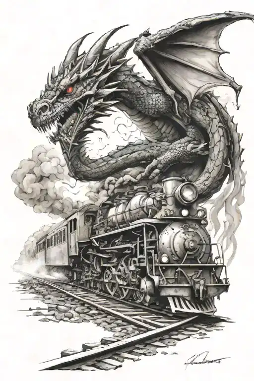 Train On Fire Tracks Dragon Flying