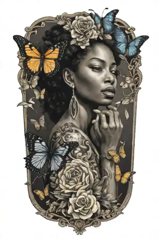 Strength Tarot Card Black Woman Butterflies Flowers