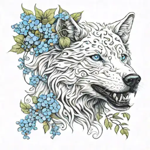 White Dire Wolf Blue Eyes With Vines Nature Forget Me Knots