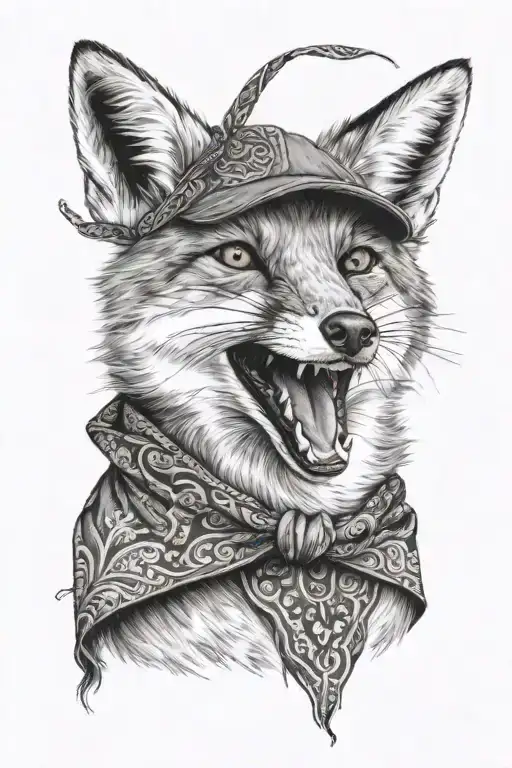 Fox In A Bandana With An Open Mouth And Squinted Eye