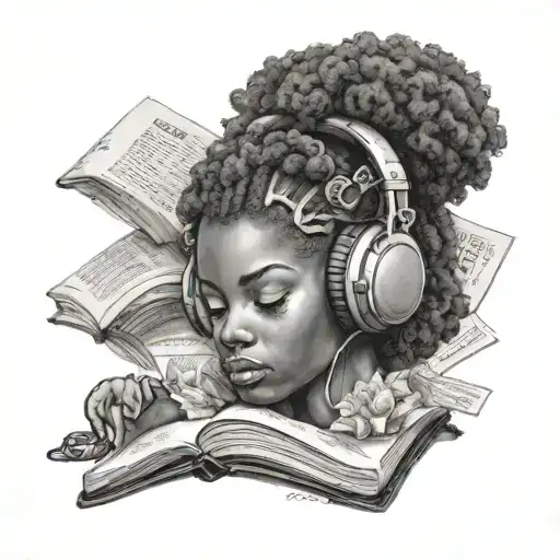 Black Gaia With Afro Puffs Headphones Looking At A Book